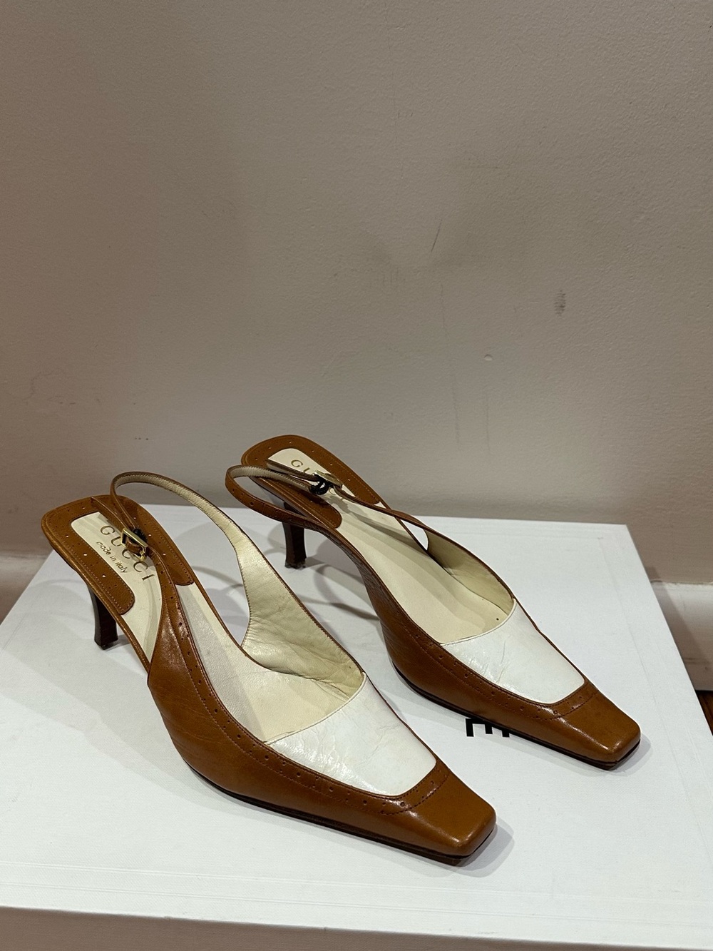 Gucci Brown and White Leather Slingback Heels